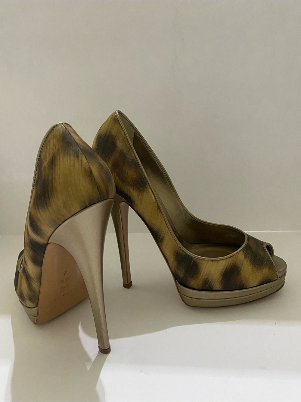 Casadei Metallic Gold and Bronze Leopard Peep-Toe Platform Heels